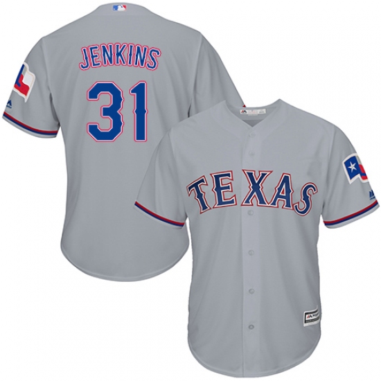 Men's Majestic Texas Rangers 31 Ferguson Jenkins Replica Grey Road Cool Base MLB Jersey