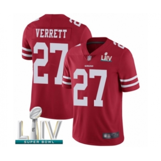 Youth San Francisco 49ers 27 Jason Verrett Red Team Color Vapor Untouchable Limited Player Super Bowl LIV Bound Football Jersey