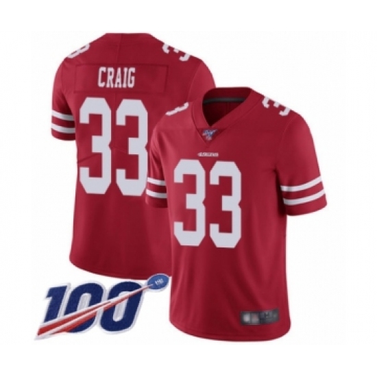 Men's San Francisco 49ers 33 Roger Craig Red Team Color Vapor Untouchable Limited Player 100th Season Football Jersey