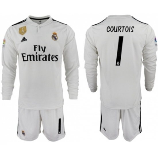 Real Madrid 1 Courtois White Home Long Sleeves Soccer Club Jersey