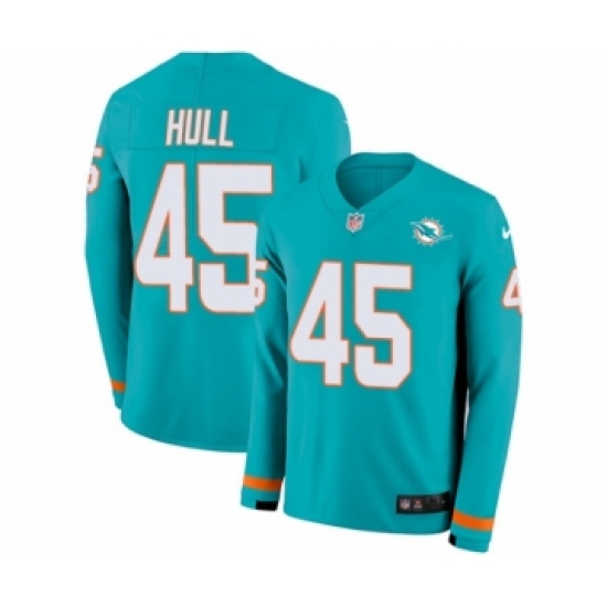 Men's Nike Miami Dolphins 45 Mike Hull Limited Aqua Therma Long Sleeve NFL Jersey