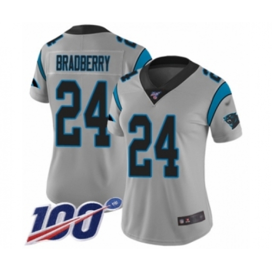 Women's Carolina Panthers 24 James Bradberry Silver Inverted Legend Limited 100th Season Football Jersey