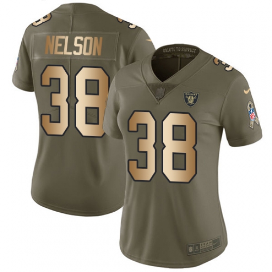 Women's Nike Oakland Raiders 38 Nick Nelson Limited Olive Gold 2017 Salute to Service NFL Jersey