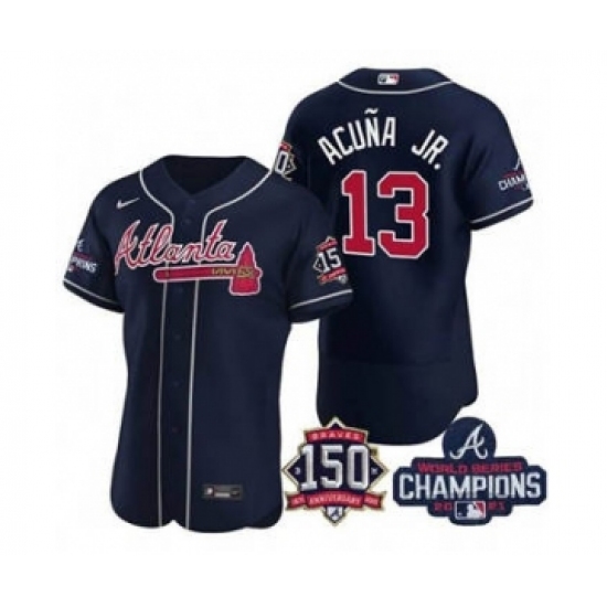 Men's Atlanta Braves 13 Ronald Acuna Jr. 2021 Navy World Series Champions With 150th Anniversary Flex Base Stitched Jersey
