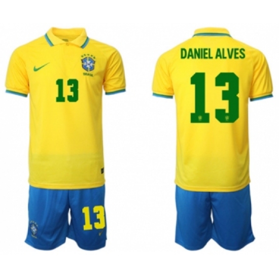 Men's Brazil 13 Daniel Alves Yellow Home Soccer Jersey Suit