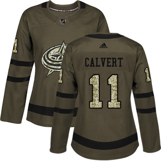 Women's Adidas Columbus Blue Jackets 11 Matt Calvert Authentic Green Salute to Service NHL Jersey