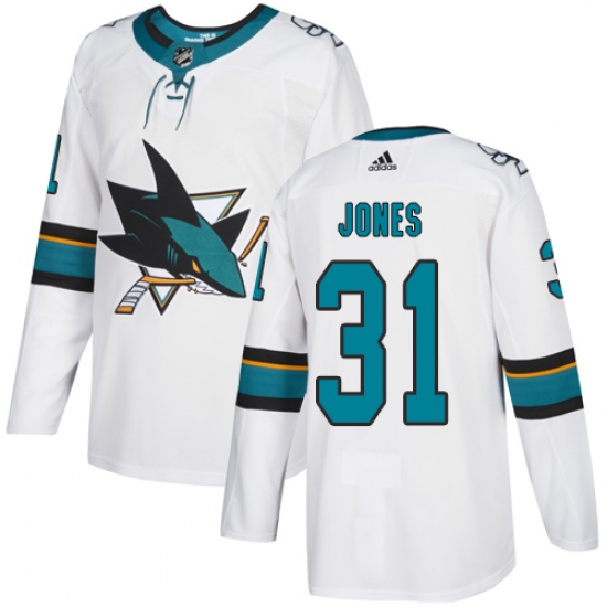 Men's Adidas San Jose Sharks 31 Martin Jones White Road Authentic Stitched NHL Jersey