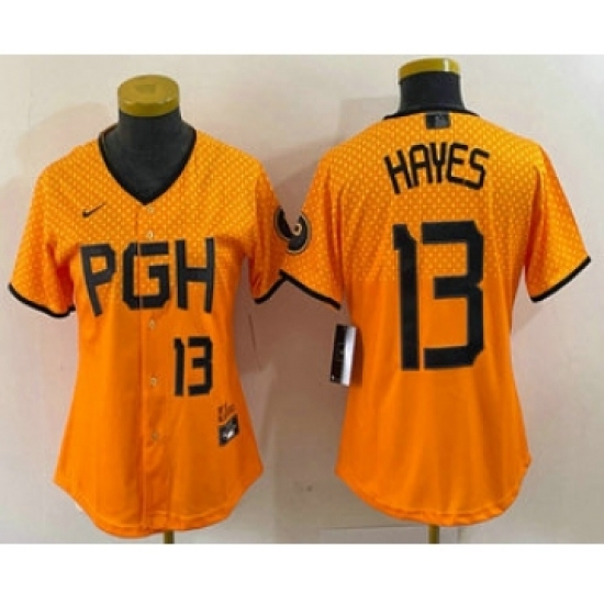 Women's Pittsburgh Pirates 13 KeBryan Hayes Number Yellow 2023 City Connect Stitched Jersey1