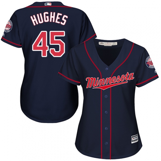 Women's Majestic Minnesota Twins 45 Phil Hughes Authentic Navy Blue Alternate Road Cool Base MLB Jersey