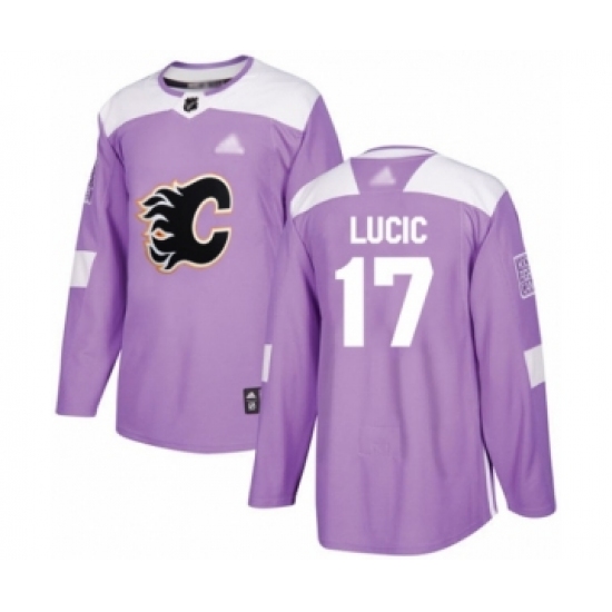 Men's Calgary Flames 17 Milan Lucic Authentic Purple Fights Cancer Practice Hockey Jersey