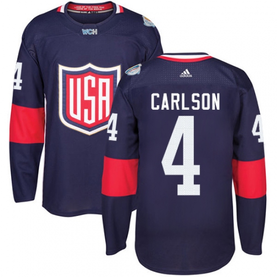 Youth Adidas Team USA 4 John Carlson Authentic Navy Blue Away 2016 World Cup Ice Hockey Jersey
