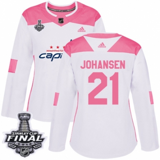 Women's Adidas Washington Capitals 21 Lucas Johansen Authentic White/Pink Fashion 2018 Stanley Cup Final NHL Jersey
