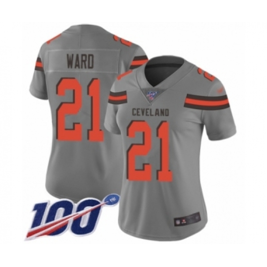 Women's Cleveland Browns 21 Denzel Ward Limited Gray Inverted Legend 100th Season Football Jersey