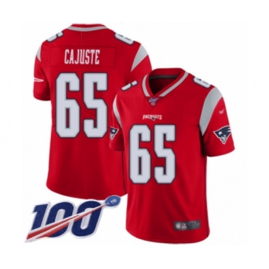 Men's New England Patriots 65 Yodny Cajuste Limited Red Inverted Legend 100th Season Football Jersey