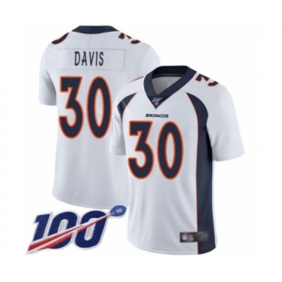 Men's Denver Broncos 30 Terrell Davis White Vapor Untouchable Limited Player 100th Season Football Jersey