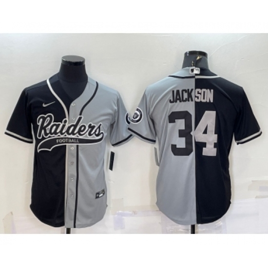 Men's Las Vegas Raiders 34 Bo Jackson Black Grey Split With Patch Cool Base Stitched Baseball Jersey