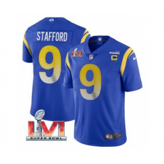 Men's Los Angeles Rams 9 Matthew Stafford 2022 Royal With C Patch Super Bowl LVI Vapor Limited Jersey