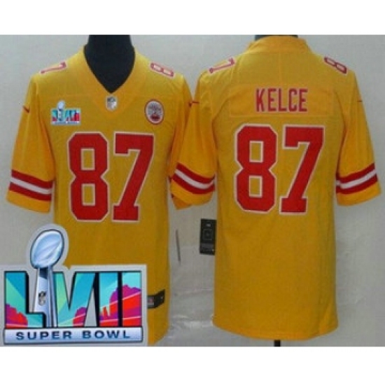 Men's Kansas City Chiefs 87 Travis Kelce Limited Yellow Inverted Super Bowl LVII Vapor Jersey