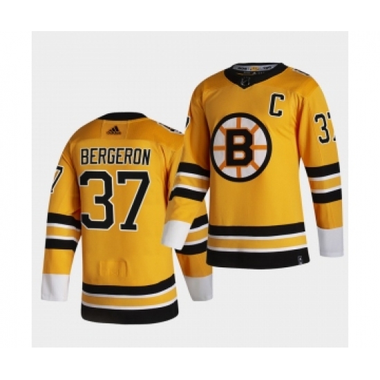 Men's Patrice Bergeron 37 with C patch Bruins Reverse Retro Special Edition yellow Jersey - Click Image to Close