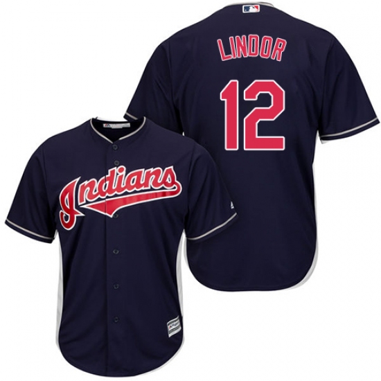 Youth Majestic Cleveland Indians 12 Francisco Lindor Replica Navy Blue Alternate 1 Cool Base MLB Jersey