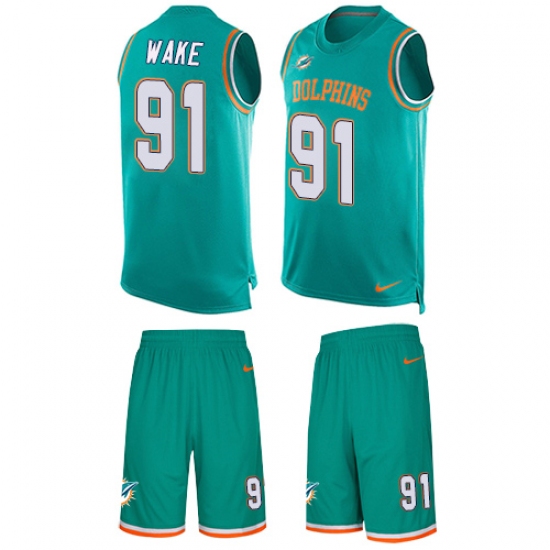 Men's Nike Miami Dolphins 91 Cameron Wake Limited Aqua Green Tank Top Suit NFL Jersey