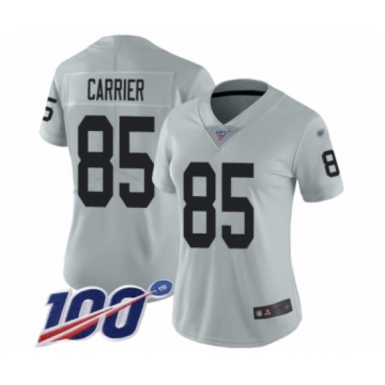 Women's Oakland Raiders 85 Derek Carrier Limited Silver Inverted Legend 100th Season Football Jersey