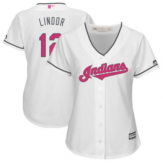 Women's Majestic Cleveland Indians 12 Francisco Lindor Authentic White Mother's Day Cool Base MLB Jersey