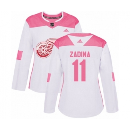 Women's Adidas Detroit Red Wings 11 Filip Zadina Authentic White Pink Fashion NHL Jersey