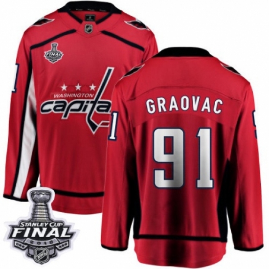 Men's Washington Capitals 91 Tyler Graovac Fanatics Branded Red Home Breakaway 2018 Stanley Cup Final NHL Jersey