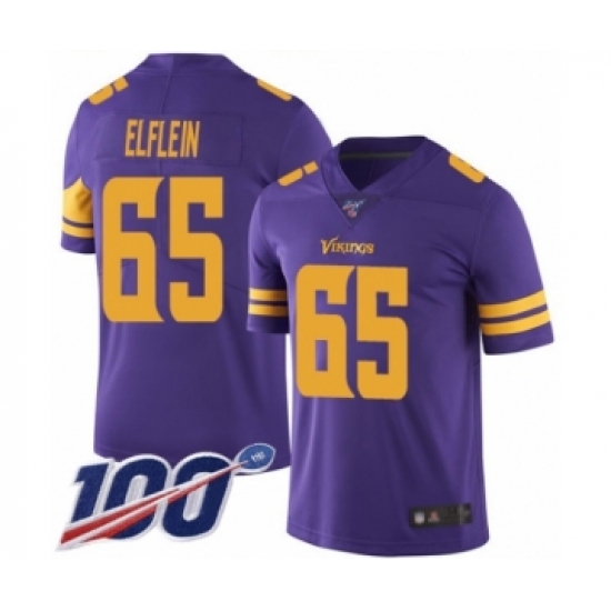 Men's Minnesota Vikings 65 Pat Elflein Limited Purple Rush Vapor Untouchable 100th Season Football Jersey