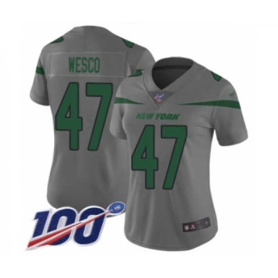 Women's New York Jets 47 Trevon Wesco Limited Gray Inverted Legend 100th Season Football Jersey