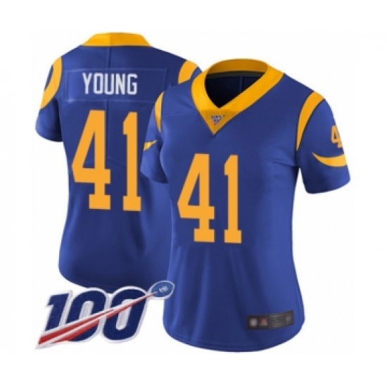 Women's Los Angeles Rams 41 Kenny Young Royal Blue Alternate Vapor Untouchable Limited Player 100th Season Football Jersey