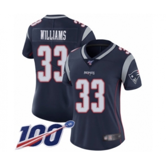 Women's New England Patriots 33 Joejuan Williams Navy Blue Team Color Vapor Untouchable Limited Player 100th Season Football Jersey