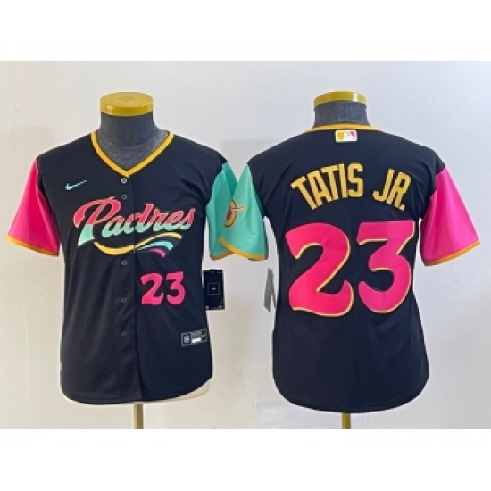 Youth San Diego Padres 23 Fernando Tatis Jr Black Number 2022 City Connect Cool Base Stitched Jersey