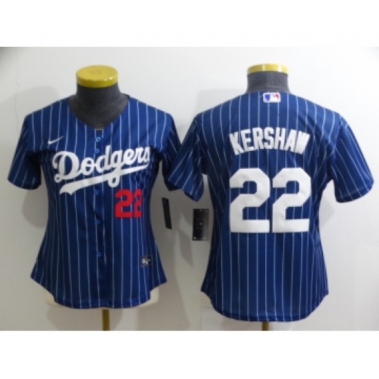 Women's Los Angeles Dodgers 22 Clayton Kershaw Navy Blue Pinstripe Stitched MLB Cool Base Nike Jersey