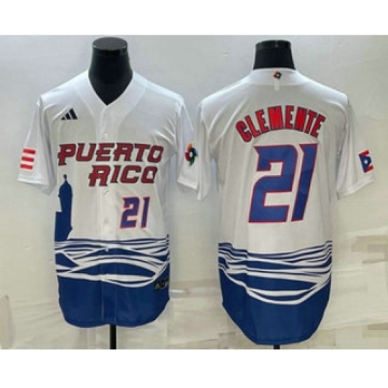 Men's Puerto Rico Baseball 21 Roberto Clemente Number 2023 White World Baseball Classic Stitched Jersey