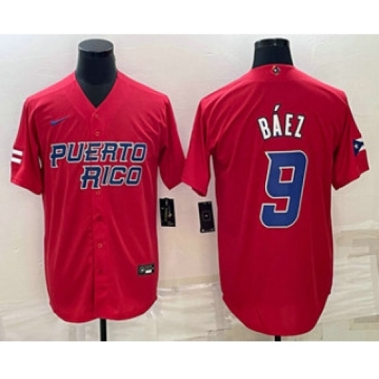 Men's Puerto Rico Baseball 9 Javier Baez 2023 Red World Baseball Classic Stitched Jersey