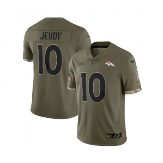 Men's Denver Broncos 10 Jerry Jeudy 2022 Olive Salute To Service Limited Stitched Jersey