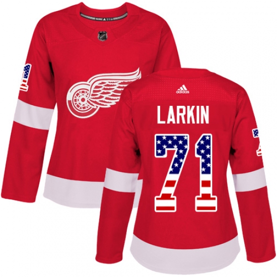 Women's Adidas Detroit Red Wings 71 Dylan Larkin Authentic Red USA Flag Fashion NHL Jersey