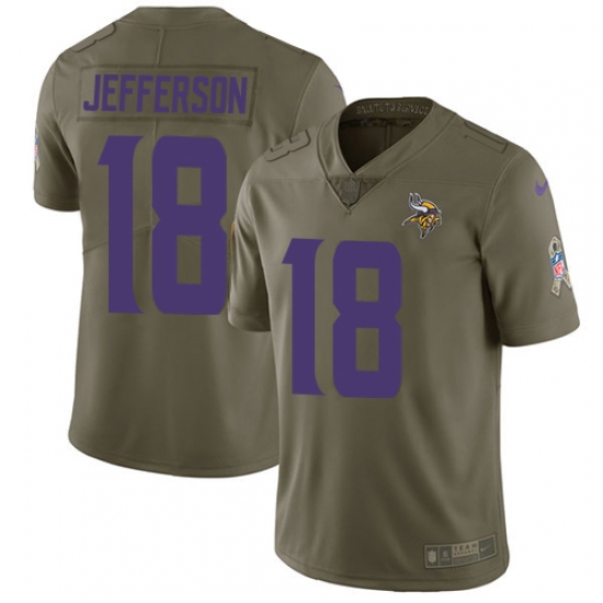 Men's Minnesota Vikings 18 Justin Jefferson Olive Stitched NFL Limited 2017 Salute To Service Jersey