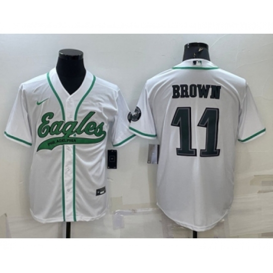 Men's Philadelphia Eagles 11 A. J. Brown White With Patch Cool Base Stitched Baseball Jersey