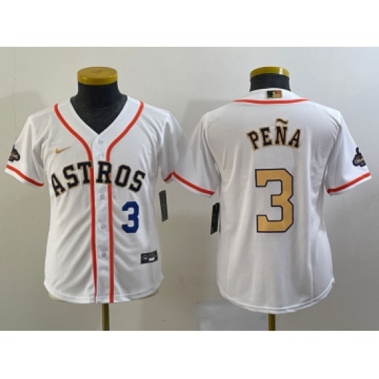 Youth Houston Astros 3 Jeremy Pena Number 2023 White Gold World Serise Champions Cool Base Stitched Jersey1