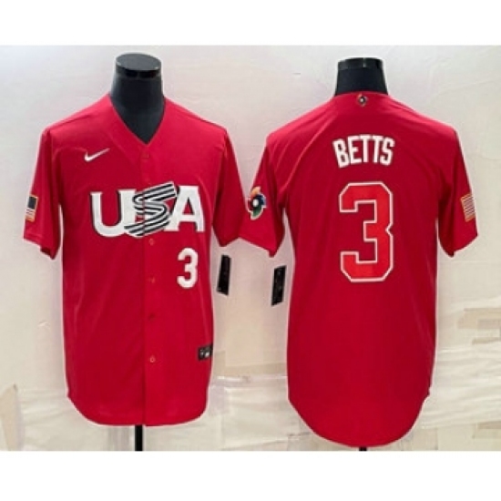 Men's USA Baseball 3 Mookie Betts Number 2023 Red World Classic Stitched Jerseys