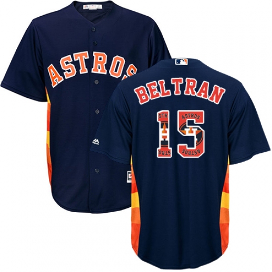 Men's Majestic Houston Astros 15 Carlos Beltran Authentic Navy Blue Team Logo Fashion Cool Base MLB Jersey