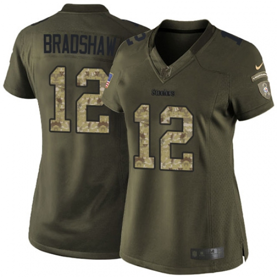 Women's Nike Pittsburgh Steelers 12 Terry Bradshaw Elite Green Salute to Service NFL Jersey