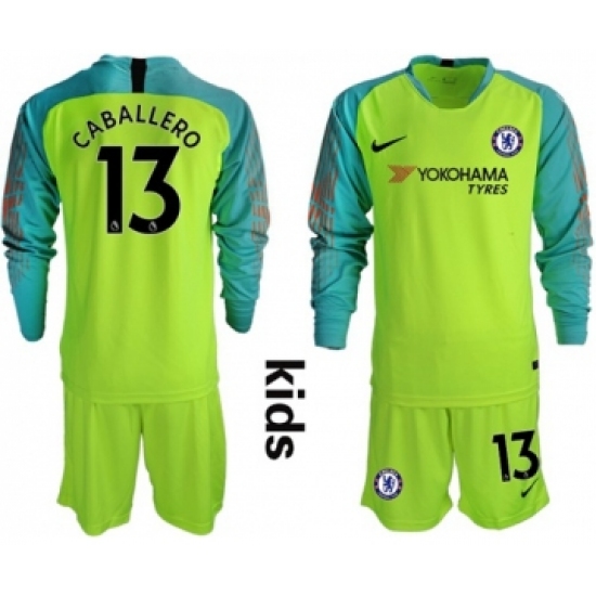 Chelsea 13 Caballero Shiny Green Goalkeeper Long Sleeves Kid Soccer Club Jersey