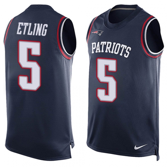 Men's Nike New England Patriots 5 Danny Etling Limited Navy Blue Player Name & Number Tank Top NFL Jersey