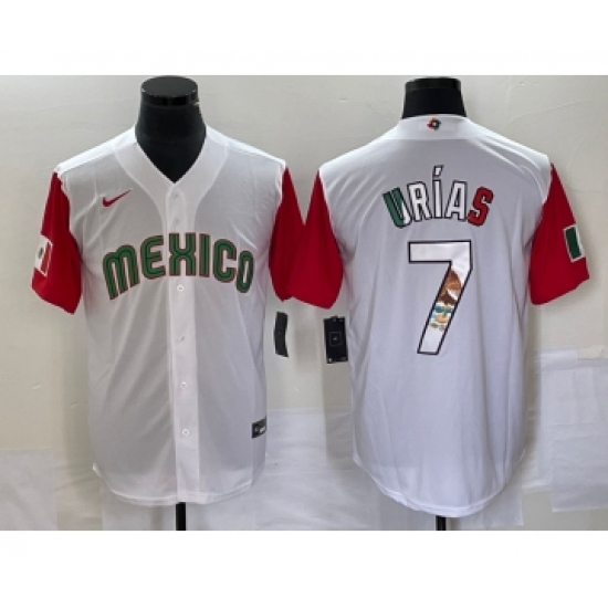 Men's Mexico Baseball 7 Julio Urias Number 2023 White Red World Classic Stitched Jersey 14
