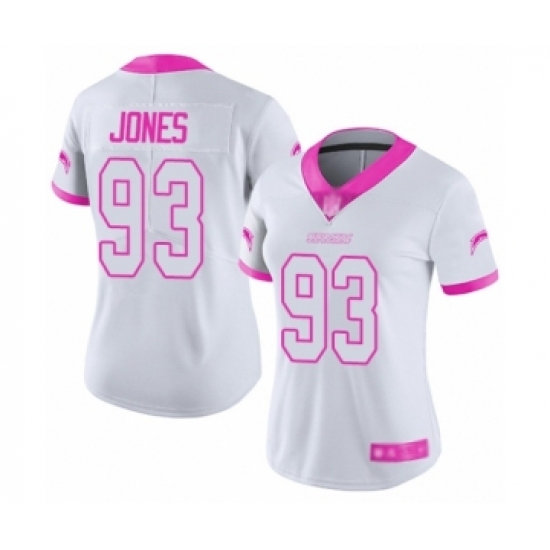 Women's Los Angeles Chargers 93 Justin Jones Limited White Pink Rush Fashion Football Jersey