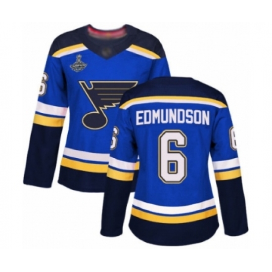 Women's St. Louis Blues 6 Joel Edmundson Authentic Royal Blue Home 2019 Stanley Cup Champions Hockey Jersey